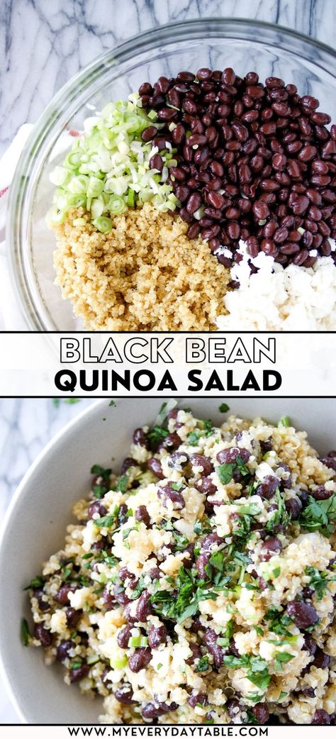 quinoa salad pin image Plant Based Recipes With Protein, Quinoa Salad With Black Beans, Plant Based Bean Salad, Black Bean Lunch Ideas Healthy, Summer Salads Recipes Healthy, Healthy Navy Bean Recipes, Quinoa Bean Salad Recipes, Salads For Lunch Make Ahead, Veggie Meal Prep For The Week