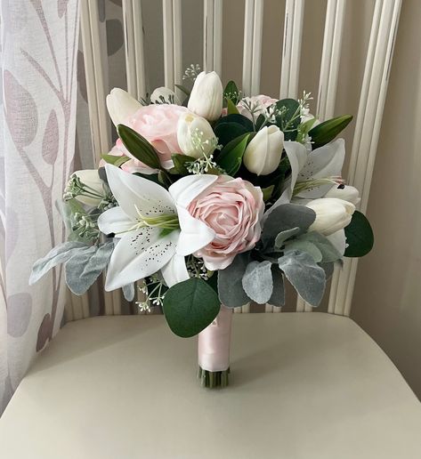 White Roses And Tulips Bouquet, Tulips And Lilies Bouquet, Tulip And Lily Bouquet, Lily And Tulip Bouquet, Blush Pink Bridal Bouquet, White Greenery Wedding, Tulip Bouquet Wedding, Tulip Bridal Bouquet, White Lily Bouquet