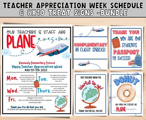 Our teachers and staff are Plane awesome. We think the world of our staff Teacher appreciation DIY printable kit!  Use these fun signs to treat your teachers for all they do!  Editable Templates in Cavna ONLY  -8.5X11 Teacher itinerary -see listing for what is editable.   *Clipart and box elements are not editable -10 TREAT SIGNS INCLUDED 8X10" -not editable signs  if you need help editing, or adjustments please reach out to me. :) Download instantly and print at home or at your favorite print s Teacher Appreciation Week Themes, Teacher Appreciation Themes, Teacher Appreciation Diy, Week Schedule, Traveling Teacher, World Teachers, Appreciation Ideas, Teachers Diy, Travel Theme