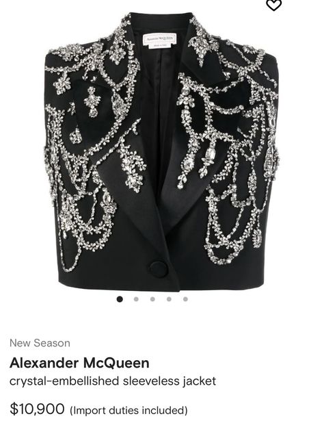 Alexander Mcqueen Jacket, Black Alexander Mcqueen, Designer Blazers, Diy Clothes Design, Embellished Jacket, Blazer Designs, Dress Indian Style, Sleeveless Jacket, Crystal Embellishment