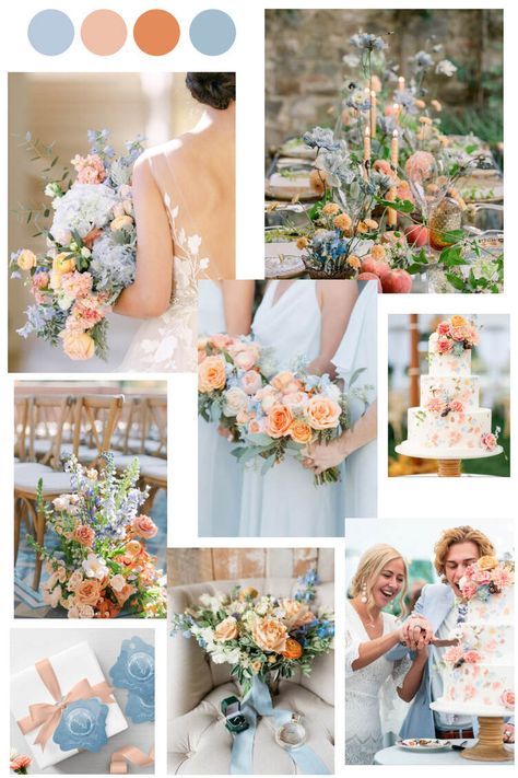 Orange And Blue Wedding, Blue Wedding Colour Theme, Blue Peach Wedding, Blue Wedding Color Palette, Blue Orange Weddings, Peach Wedding Theme, Peach Wedding Colors, Wedding Color Schemes Summer, Pastel Wedding Theme