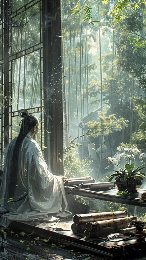 A man sits on a raised platform in a traditional Chinese house. He is wearing a white robe and has long black hair ->> more details in ai-img-gen.com Xianxia Aesthetic, Chinese Cultivation, Chinese Concept Art, Chinese Fantasy Art, Ancient Chinese House, Chinese Man Art, Chinese Forest, Traditional Chinese Aesthetic, Ancient Chinese Aesthetic