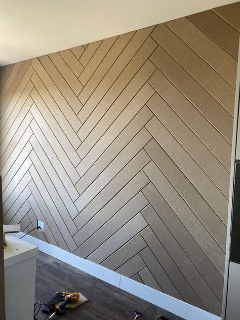 Herringbone Accent Wall - DIY - Home With Krissy Shiplap Diagonal Wall, Chevron Panel Wall, Herribone Accent Wall, Black Shiplap Wall Office, Heiring Bone Accent Wall, Accent Walls Hallway, Diy Decorative Wall Panels, Modern Organic Accent Wall, Small Space Accent Wall