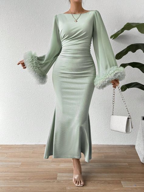 SHEIN Privé Trumpet Sleeve Lace Trim Mermaid DressI discovered amazing products on SHEIN.com, come check them out! Shefong Dress, Mint Green Dress Outfit Wedding, Mint Green Dress Outfit, Mint Green Dresses, Mint Green Outfits, Long Sleeve Chiffon Dress, Mint Green Dress, Green Lace Dresses, Mint Dress