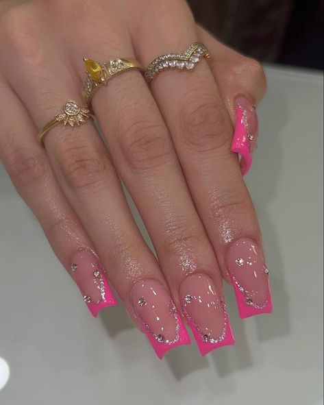 ig: nailsbyzairaa Birthday Hot Pink Nails, Bingo Nail Art, Nail Inspo Hot Pink French Tip, Hot Pink French Tip Nails With Rhinestones, Hot Pink And Silver Nail Designs, Hot Pink Nails Simple, Hot Pink Sweet 16 Nails, Pick Nails Design, Nails Inspo 2024 Short