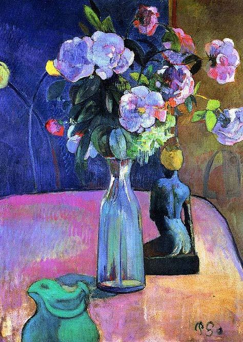 Paul Gauguin (1848-1903) " Roses and Statuette." 데이비드 호크니, Andre Derain, Art Amour, Istoria Artei, Vase With Flowers, Pierre Bonnard, Amedeo Modigliani, Flowers In A Vase, Impressionist Artists