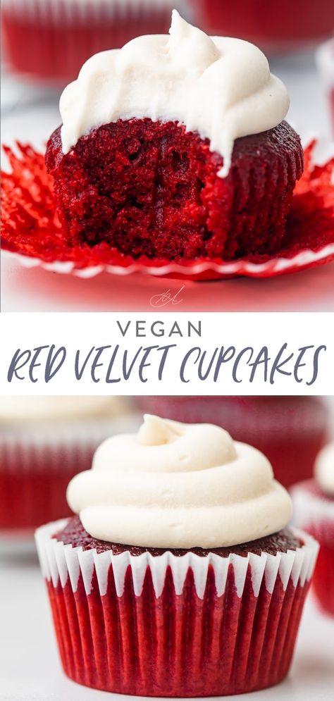 These vegan red velvet cupcakes are ultra tender with a tangy cream cheese frosting. You might not even know they're vegan! #vegan #dessert #valentinesday #cupcakes #dairyfree Muffins Halloween, Vegan Red Velvet Cake, Vegan Red Velvet Cupcakes, Dairy Free Cream Cheese Frosting, Cupcakes Gluten Free, Vegan Red Velvet, Vegan Cream Cheese Frosting, Dairy Free Baking, Dairy Free Cream Cheese