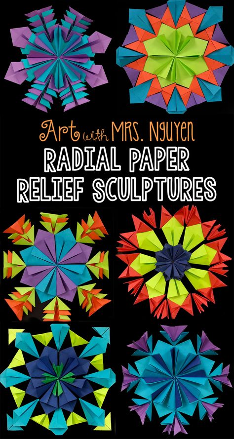 Paper Relief, Steam Art, Classe D'art, Middle School Art Projects, 6th Grade Art, 4th Grade Art, 5th Grade Art, Folding Origami, Symmetry Art