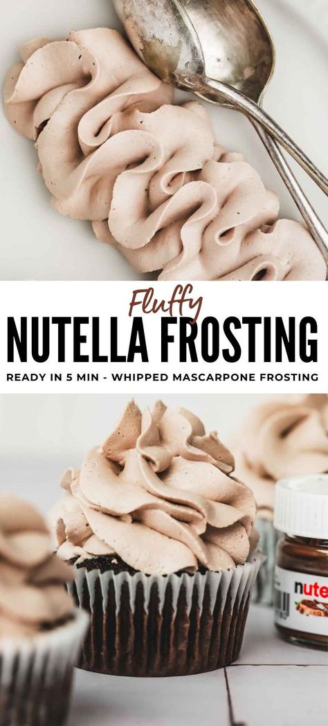 Dive into the luscious world of Nutella with our heavenly Nutella frosting! This indulgent delight, crafted with the finest mascarpone and whipped cream, boasts a light and airy texture that's incredibly easy to whip up. Perfectly suited to adorn cakes and cupcakes, it brings a creamy richness and irresistible Nutella flavor to every bite. Cake Flavors And Fillings Ideas, Light Frosting, Cookies And Cream Whipped Cream, Homemade Frosting Recipe, Creative Deserts Ideas, Flavored Frosting Recipes, Nutella Frosting Easy, Cupcake Frosting Recipe Whipped, Whipped Nutella Frosting