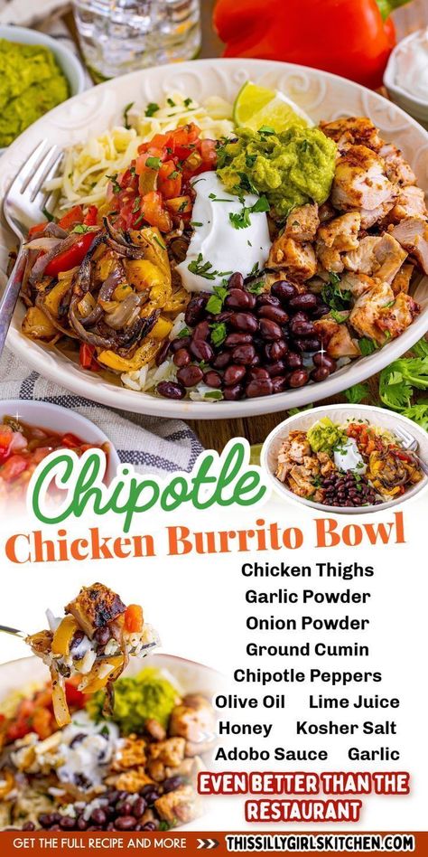 If you adore the Chipotle chicken burrito bowl, you've got to give this copycat recipe a go! From This Silly Girl's Kitchen, it's bursting with vibrant colors and fresh, zesty flavors. This homemade version is not only nutritious and filling but also much more budget-friendly. With flavorful chicken, cilantro lime rice, and all the fixings, it's a delicious and satisfying meal to enjoy in the comfort of your own kitchen! Copycat Chipotle Bowl, Chipotle Chicken Burrito Bowl, Chicken Cilantro Lime, Chicken Burrito Bowl Recipe, Chipotle Chicken Burrito, Chipotle Chicken Bowl, Chicken Cilantro, Burrito Bowl Recipe, Bowl Chicken