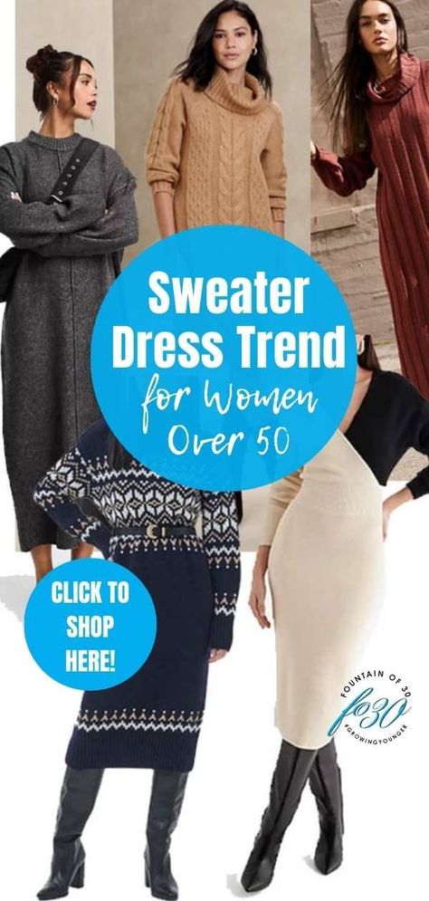 Here are your best options and how to style the sweater dress trend for women over 50. Beat the cold and still stay warm in a sweater dress. #sweaterdress #fashiontrends #wintertrends Cape Sweater Dress, Vneck Sweater Dress, Sweaters Dress Outfit, Cream Dress With Black Tights, Sweater Dresses With Leggings, Sweater Dress With Jean Jacket, Classy Sweater Dress Outfit, Long Sweater Dress Outfit Casual, How To Style Long Sweater Dress