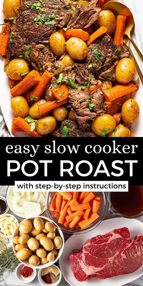 This crock pot pot roast is the ultimate comfort food and it's SUPER easy to throw together. The slow cooker does all the work and delivers a perfectly tender, juicy pot roast with tender-crisp veggies and an optional 5-minute stovetop gravy! Easy Slow Cooker Pot Roast, Crockpot Pot Roast, Slow Cooker Pot Roast Recipes, Crockpot Roast Recipes, Slow Cooker Pot Roast, Chuck Roast Recipes, Pot Roast Crock Pot Recipes, Best Pot Roast, Pot Roast Recipe