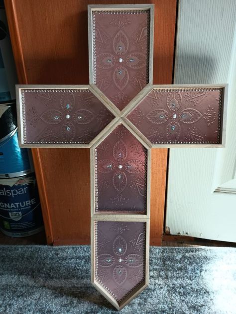 Dollar Tree Fanatics Crafts & Decor | Made using 5 house shapes and 5 tiles from dollar tree, and added a little bling. | Facebook Dollar Tree Cross Crafts, Dollar Tree Cross, Wood Crosses Diy, Wooden Cross Crafts, Clothespins Diy, Clothespin Diy Crafts, Crystal Suncatchers Diy, Weekend Crafts, Wooden Crosses