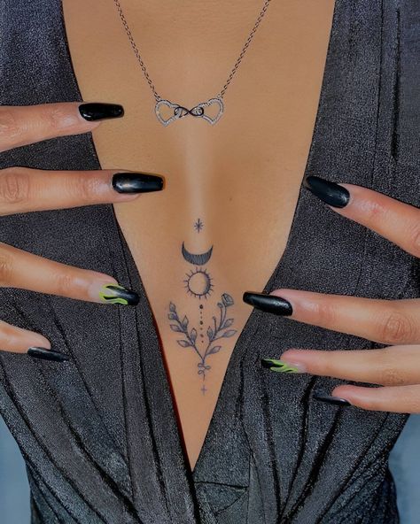 27 Elegant Chest Tattoos For Women To Elevate Their Beauty Women Tattoo Chest, Neck To Face Tattoo, Front Torso Tattoos For Women, Different Tattoos For Women, Chest Center Tattoo, Elegant Women Tattoos, Sacrum Tattoo Women, Significant Tattoos For Women, Hot Feminine Tattoos