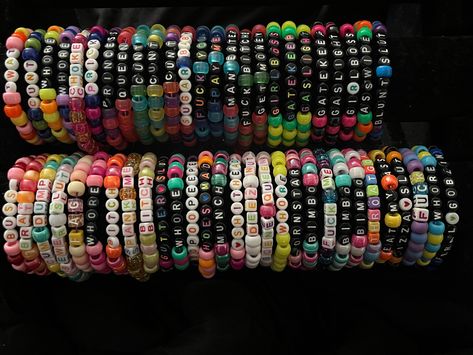 NOT INTENDED FOR CHILDREN. VULGARITIES ON BRACELETS Funny Kandi Bracelets Sayings, Kandi Sayings, Kandi Kid, Kandi Bracelets, Bracelet Crafts, Matching Bracelets