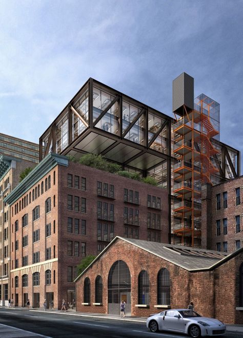 Rogers Stirk Harbour + Partners brings high-tech industrial chic to N.Y.C. Building Extension Architecture, Industrial Architecture Facade, Industrial Facade Design, Industrial Renovation, Industrial Building Design, Industrial Facade, Nyc Midtown, Otis Elevator, New York Projects