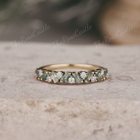 Unique Moss Agate Moissanite Wedding Band Eternity Gold Rings Art Deco Eternity Band Moss Agate Matching Rings Personalized Gift for Her - Etsy 10 Stone Ring, Cute Wedding Bands For Women, Mothers Ring Ideas Stackable, Low Profile Anniversary Ring, Wedding Ring Non Traditional, Woman’s Rings, Moss Agate Engagement Ring With Wedding Band, Moss Agate Promise Ring Gold, Unique Engagement Bands For Women