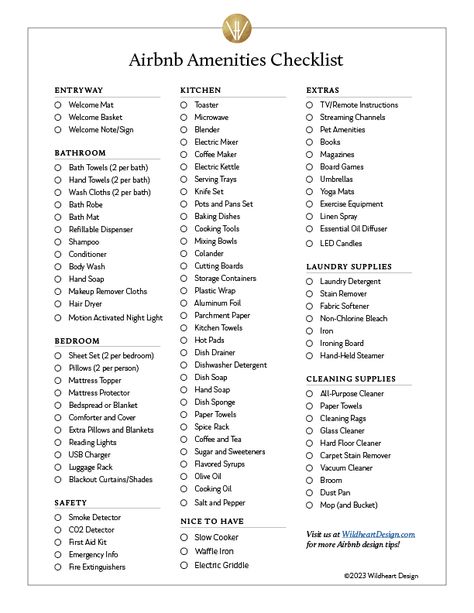 Airbnb Tips Renting, Airbnb Grocery List, Airbnb Apartment Ideas, Airbnb List Of Items, Airbnb Inventory Checklist, Best Airbnb Amenities, Airbnb Checklist For Host, Airbnb Host Checklist, Air Bnb Design Ideas