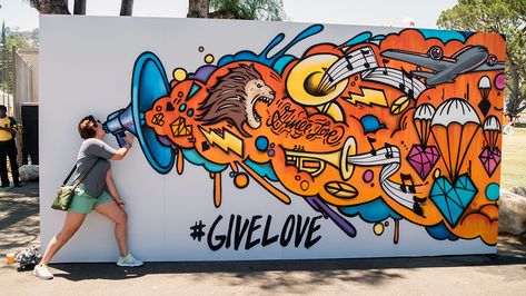 An interactive photo backdrop wall for a music festival in Pasadena, CA.  This piece was created for Andy Grammer and his #GiveLove campaign.  We specialize in consulting and producing music festival art all over the country.  Visit our website or call 646-801-6024 to chat about partnering for your music festival event. Murals Street Art, Interactive Art, Seni Mural, Selfie Wall, School Murals, Banksy Graffiti, Street Mural, Graffiti Murals, Graffiti Wall Art