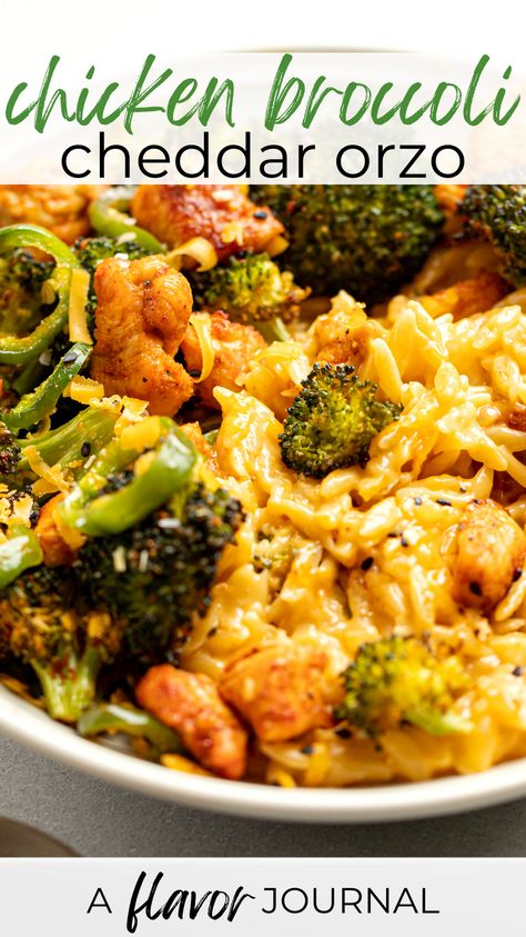 Cheesy, spicy, and packed with flavor, this quick and easy Spicy Cheddar Chicken and Broccoli Orzo recipe is perfect for a weeknight meal. It’s made with simple ingredients that you hopefully already have on hand, and it comes together in just over 30 minutes. The chicken and broccoli are roasted for ultimate flavor, then piled onto creamy, cheesy orzo for a delicious and satisfying meal. #cheddarbroccoli #chickencheddarbroccoli #recipesfortwo Chicken And Broccoli Orzo Recipes, Salt And Lavender Cheesy Chicken Broccoli Orzo, Come Over Chicken, Chicken Orzo Casserole Recipes, Easy Orzo Dinner Recipes, Broccoli Cheddar Chicken Orzo, Chicken Broccoli Orzo Recipes, Chicken Orzo Dinner Recipes, Cheesy Orzo Broccoli