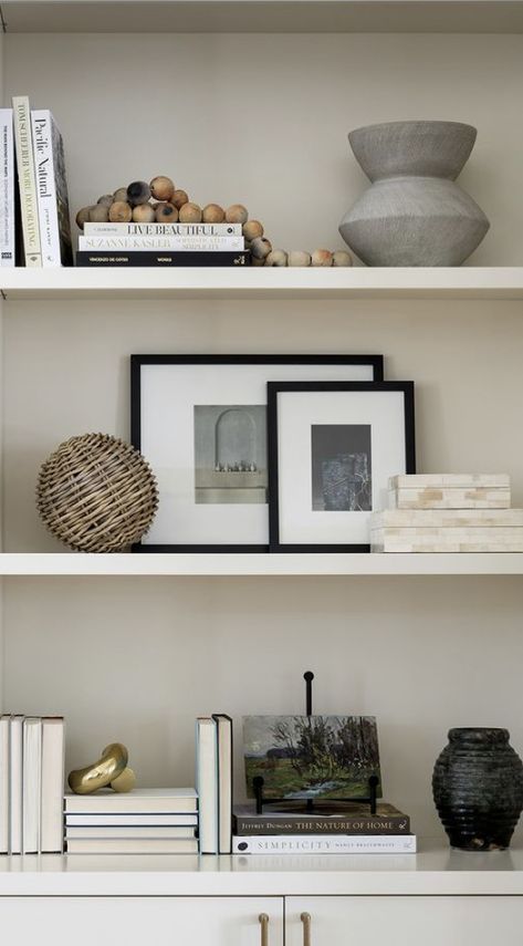 Simple Shelves Decor, Contemporary Living Room Shelves, Book Shelf Decor Living Room Modern, Office Shelving Styling, Gallery Above Console Table, White Shelves Styling, Minimal Floating Shelf Decor, Simplistic Shelf Decor, Grey Bookshelf Decor