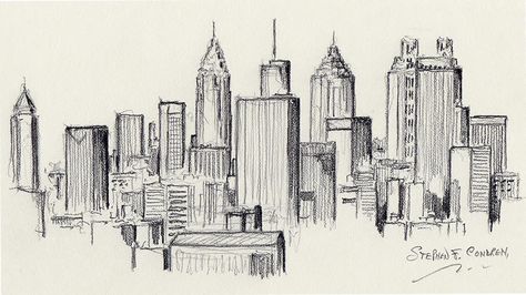 Manhattan Skyline Drawing, Skyline Sketch Cityscapes, Cityscape Drawing Simple, Atlanta Skyline Drawing, City Scape Drawing Easy, How To Draw City, Atlanta Drawing, City Scape Sketch, A City Drawing