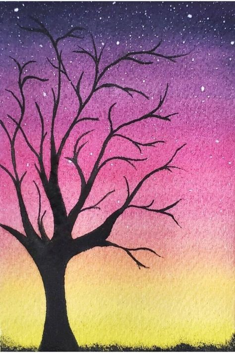 Silhouette Art Tutorial, Watercolour Silhouette Painting, Silhouette Painting Ideas Easy, Simple Silhouette Painting, 5 Minute Painting Ideas, Watercolor Art Silhouette, Watercolour Sunset Easy, Silloute Painting, Canvas Painting Background Ideas