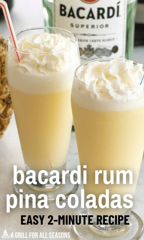 Are you craving a tropical drink? This Bacardi Pina Colada Recipe is calling your name. Make a Classic Frozen Piña Colada with Bacardi rum. The pineapple flavor paired with Bacardi superior rum creates a high quality cocktail that everyone will love. You can make a delicious cocktail full of truly tropical taste right at home. Bacardi Pineapple Rum Drinks, Cocktails With Bacardi Rum, Bacardi White Rum Cocktails, Raspberry Pina Colada Recipe, Mixed Drinks With Bacardi, Bacardi Rum Drinks Recipes, Bacardi Rum Drinks Easy, Bacardi Coconut Rum Drinks, Pina Colada Recipe With Malibu Rum