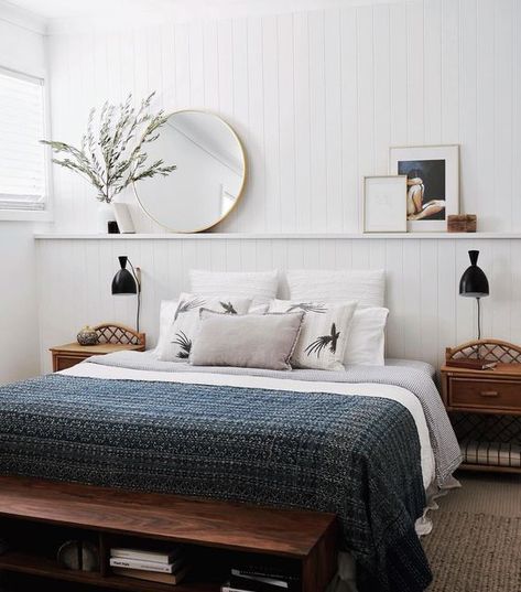 How to make a cozy bedroom in 6 easy steps Kerry Knight | Beaten Green Half Wall Ledge Bedroom, Bedroom Shelf Headboard, Bedroom With Ledge Half Walls, Bedroom With Half Wall Ledge, Half Wall In Bedroom, Ledge Wall Behind Bed, Shelf Across Wall, Shelf Over Headboard, Bedroom Ledge Wall