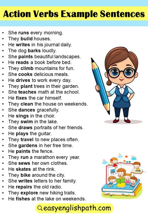 Action Verbs Examples Sentences In English. Action Verbs Examples Sentences In English, Free Printable Alphabet Worksheets, Verb Examples, Printable Alphabet Worksheets, Helping Verbs, Verbs List, Reading Comprehension Lessons, Action Verbs, Printable Alphabet