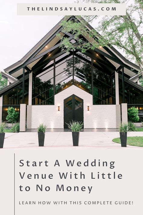 How to Start a Wedding Venue With Little to No Money Venue Landscaping Ideas, Wedding Venue Asthetic, Wedding Venue Name Ideas, Country Wedding Venue Ideas, Modern Wedding Venue Exterior, Country Wedding Venues Barns, Wedding Venue Building Ideas, Modern Barn Wedding Venue Ideas, Barndominium Wedding Venue Ideas