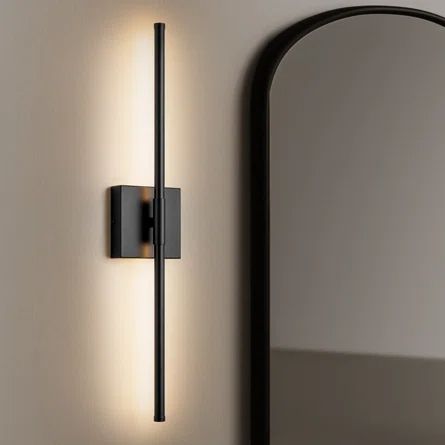 Wrought Studio Exael Iron LED Armed Sconce | Wayfair Matte Black Accents, Hallway Light Fixtures Wall, Long Wall Lights, Light Sconces Bathroom, Movie Room Sconces, Minimalist Bathroom Lighting, Sconses Hallway Modern, Modern Sconces Living Room, Black Wall Sconces Bedroom