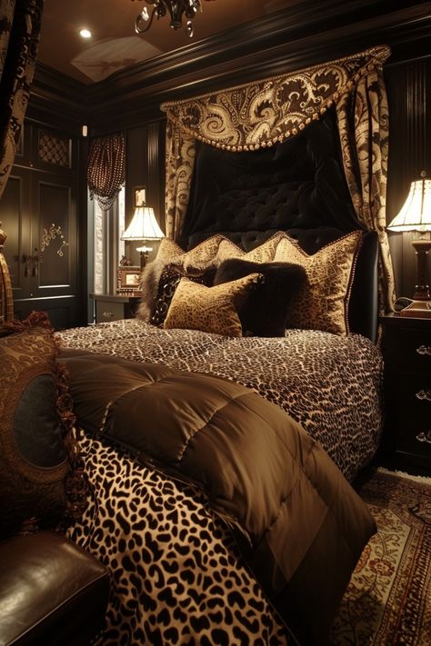 Luxurious bedroom with leopard print bedding, ornate pillows, and elegant lighting. Mob Wife Bedroom, Cheetah Room Ideas, Leopard Print Room Aesthetic, Capricorn Bedroom Aesthetic, Classy Master Bedrooms Decor, Cheetah Print Bedroom Aesthetic, All Black Bedroom Ideas For Women, Leopard Bedroom Ideas, Leopard Print Room Decor