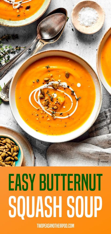 This easy, creamy butternut squash soup is made in the Instant Pot and is the perfect healthy meal for fall! You can also make it on the stove top or in the slow cooker. Easy Butternut Squash Recipes Soup, Easy Butternut Soup, Easy Squash Recipes, Easy Butternut Squash Soup, Spicy Butternut Squash Soup, Vegan Butternut Squash Soup, Healthy Butternut Squash, Frozen Butternut Squash, Easy Butternut Squash