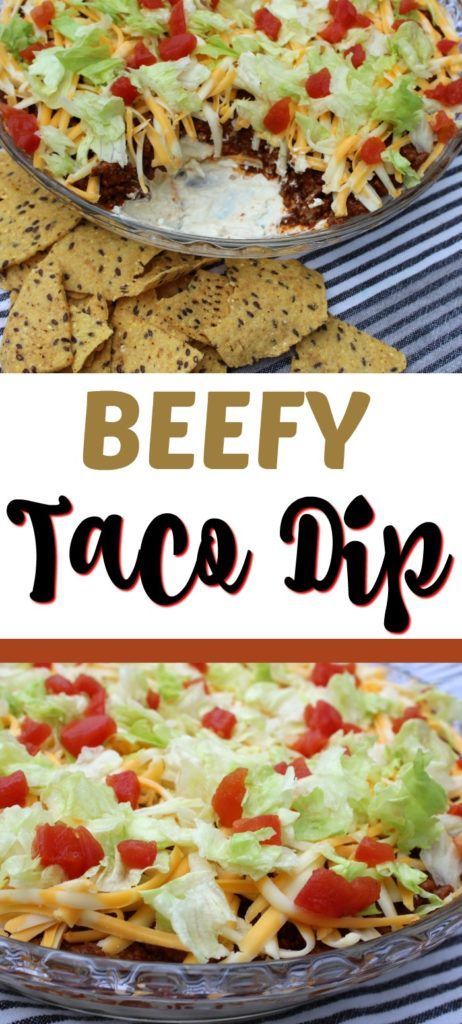 This layered Taco Dip recipe with ground beef and cream cheese is a hearty appetizer for game day, parties or can eat like a meal on a hot summer's day.  #tacodip #diprecipe #groundbeef #creamcheese #dip #appetizer #gameday #superbowl #partyfood Taco Dip On Pizza Pan, Taco Dip Tray, Beefy Taco Dip, Taco Dip With Hamburger, Layered Taco Dip With Beef, Taco Dip No Beans, Taco Dip Recipe With Ground Beef, Ground Beef And Cream Cheese, Hearty Dips