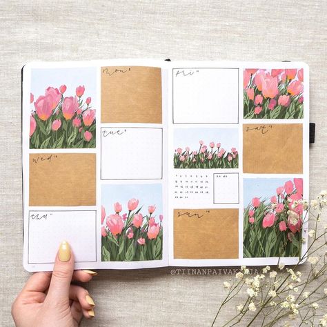 Tulip Field Painting, March Scrapbook, Journal Layout Ideas, Journal Illustration, Little Paintings, Bujo Journal, خريطة ذهنية, Journal 2024, Tulip Field