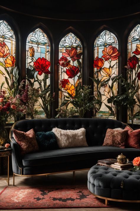 Immerse yourself in a living room that whispers Gothic romance. The stained glass windows, with their floral grace, cast a kaleidoscope of colors. Paired with plush seating, ornate furnishings, and fresh flowers, this space is where timeless elegance meets intimate opulence. Classic Stained Glass Windows, Stained Glass Aesthetic Dark, Floral Stained Glass Windows, New Classic Interior Design Living Rooms, Stained Glass In Home, Stained Glass Living Room, Wedding Stained Glass Ideas, Stained Glass Wedding Decor, Stained Glass Dining Room