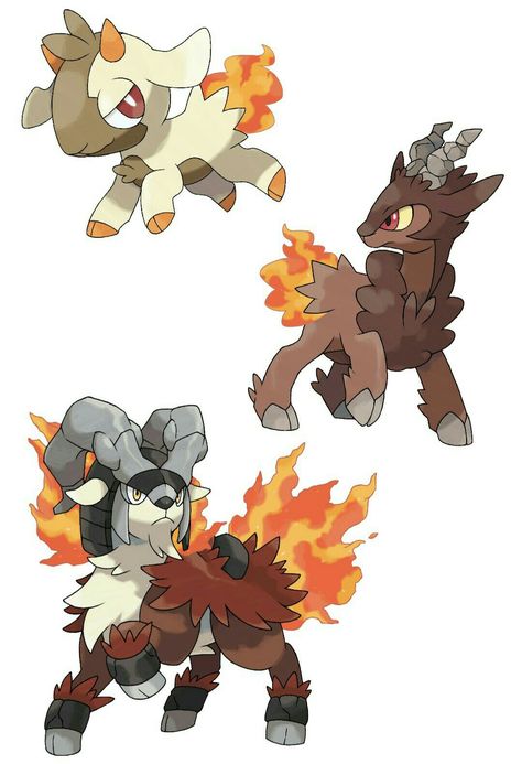 Fakemon: Kidling (Fire), Pyroat (Fire/Rock) and Flairees (Fire/Rock). Fire Fakemon Starter, Fakemon Starters Fire, Pokemon Fakemon Ideas, Fire Type Fakemon, Fire Fakemon, Fakemon Starter, Fire Creature, Pokemon Fanmade, Fan Pokemon