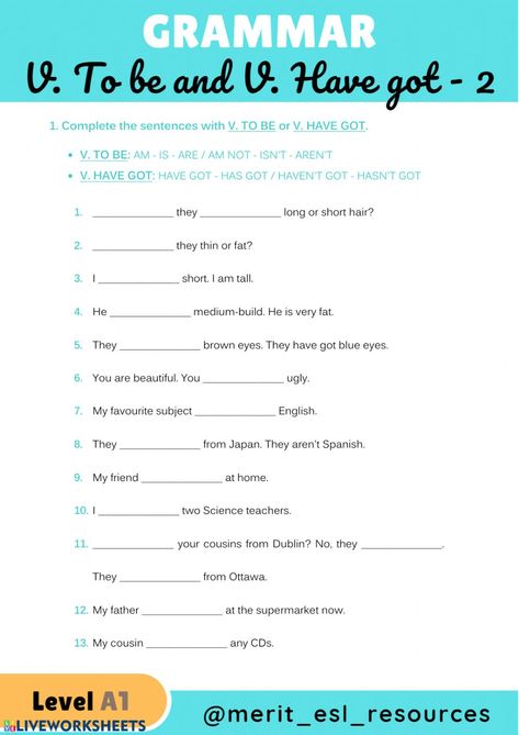 Ejercicio de V. TO BE and V. HAVE GOT - 2 Multiple Choice To Be Verbs, Be Verbs, Reading Comprehension For Kids, Verb To Be, English Stories For Kids, Grammar For Kids, First Grade Worksheets, English Language Learning Grammar, English Test