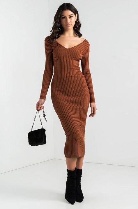 Brown Bodycon Dress, Ribbed Knit Bodycon Dress, Brown Sweater Dress, Body Con Dress Outfit, Sweater Dress Outfit, Winter Dress Outfits, Women Bodycon Dress, Bodycon Dress With Sleeves, Long Bodycon Dress