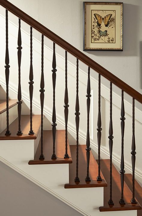 Wooden Bannister Ideas, Iron Banisters And Railings, Indoor Railings For Stairs, Wrought Iron Balusters, Wrought Iron Stair Railing With Wood Banister, Wood Staircase With Iron Spindles, Mediterranean Staircase Iron Railings, Iron Stair Spindles, House Of Forgings Balusters