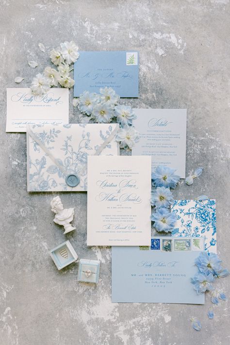 Blue and white stationery, wedding hydrangeas, and more from this coastal wedding editorial Midsummer Ball, Wedding Ideas Blue, Coastal Wedding Theme, Coastal Wedding Ideas, Blue Hydrangea Wedding, Stationary Ideas, Sunset Beach Weddings, Blue White Weddings, Hamptons Wedding