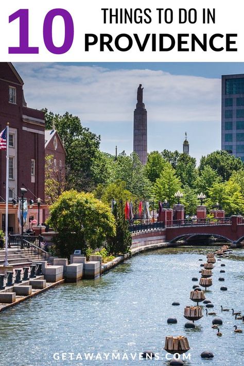 Discover the vibrant city of Providence, Rhode Island, and its top attractions! Immerse yourself in history on a walking tour of the city, explore the art at RISD Museum, and enjoy the magical WaterFire Festival. Embrace nature at Roger Williams Park & the Providence Riverwalk,  and then catch a show at the Providence Performing Arts Center. Don't miss a Gondola ride along the waterways. Providence promises a captivating journey filled with art, culture, nature, and culinary delights! Rhode Island Vacation, Roger Williams Park, Risd Museum, Rhode Island Travel, Connecticut Travel, Gondola Ride, England Trip, Best Weekend Getaways, Providence Rhode Island