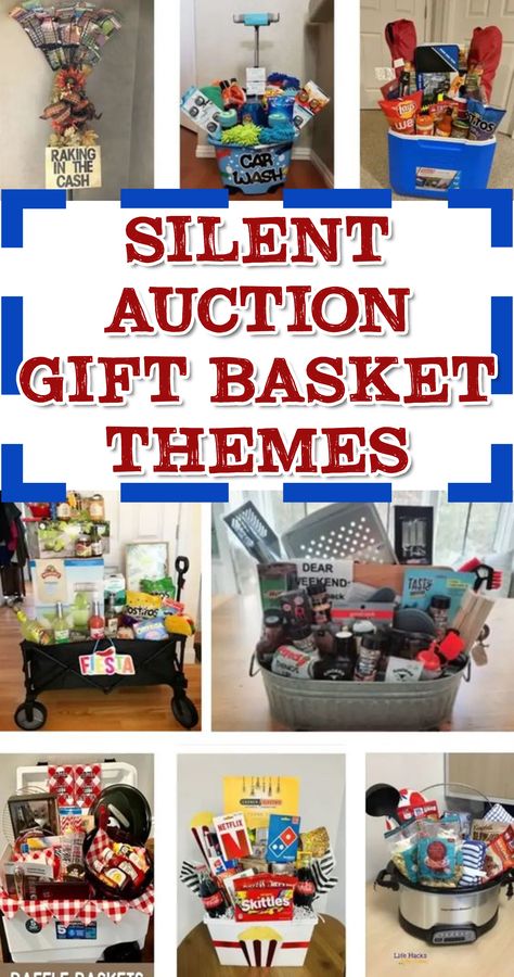 SILENT AUCTION GIFT BASKET THEMES Silent Auction Gift Basket Ideas Christmas, Silent Auction Gift Basket Ideas Schools, Silent Auction Christmas Basket Ideas, Silent Auction Theme Basket Ideas, Fun Auction Basket Ideas, Raffle Basket Ideas Fundraising Silent Auction Diy Gifts, Tailgate Silent Auction Basket, Best Silent Auction Baskets, Family Reunion Silent Auction Ideas