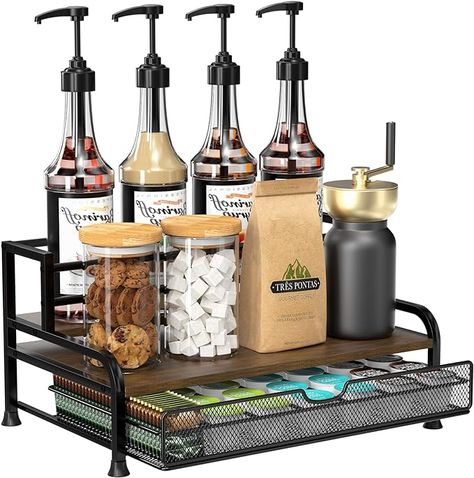 Amazon.com: PONEYA Coffee Syrup Rack Organizer, 3-Tier 8 Bottles Coffee Syrup Rack with 35 K Cup Storage Basket for Coffee Bar, Syrup Bottle Holder Stand for Syrup, Wine, Dressing for Kitchen Coffee Station : Home & Kitchen Cute Countertop Decor, Cocktail Coffee Bar, Small Coffee Bar On Countertop, Hot Cocoa Bar Accessories, Apartment Decorating Coffee Bar, Coffee Drawer Organizer, Conference Room Coffee Station, Coffee Station Accessories, Victorian Coffee Bar