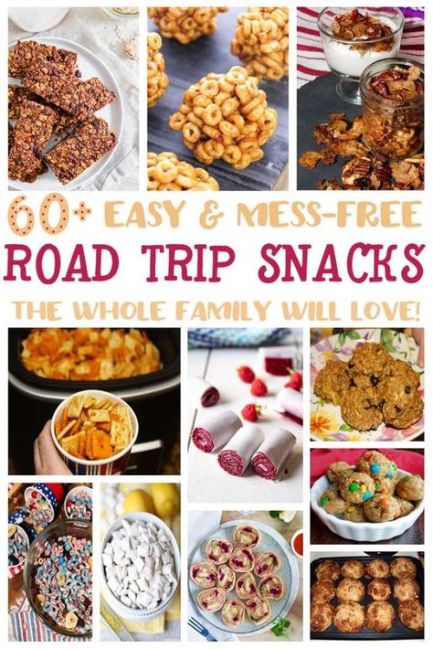 It's summer vacation time! Check out this list of over 60 easy to make and pack road trip snacks the whole family can enjoy in the car. Road Trip Desserts, Homemade Snacks For Traveling, Travel Snack Recipes, Food For Lake Trip, Treats That Travel Well, Road Trip Food Recipes, Road Trip Snacks Recipes, Christmas Road Trip Snacks, Healthy Snacks For Traveling In The Car