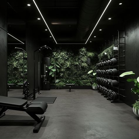 Midjourney Feed Home Gym Aesthetic Black, Basement Gym Black Ceiling, Gym Facilities Design, All Black Gym Interior, Black Garage Gym Ideas, Moody Workout Aesthetic, Black Gym Interior Design, Black Home Gym Aesthetic, Home Gym Wallpaper Ideas