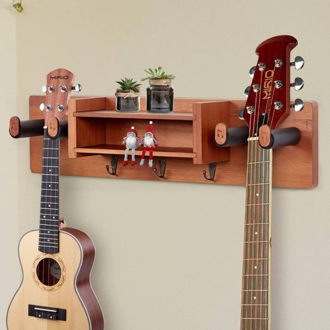 Ukulele Holder Wall Mount, Wall Mounted Guitar Ideas, Diy Guitar Mount, Wall Guitar Hanger, Diy Guitar Wall Hanger, Guitar Wall Hanger Ideas, Diy Ukulele Hanger, Guitar Wall Mount Ideas, Guitar Holder Wall Diy