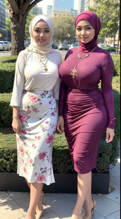 Two women in long dresses standing next to each other - SeaArt AI Islamic Beauty, Hijabi Women, Soft Smile, Muslim Women Clothing, Dress Necklace, Hijab Fashionista, Pregnant Celebrities, Muslim Women Fashion