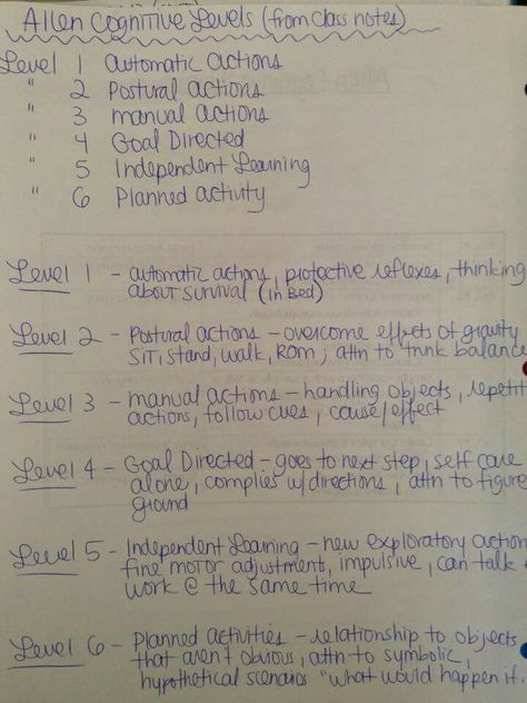 Allen cognitive levels                                                       … Allen Cognitive Levels, Mental Health Occupational Therapy, Nbcot Exam Prep, Nbcot Exam, Certified Occupational Therapy Assistant, Occupational Therapy Schools, Study Info, Occupational Therapy Kids, Cognitive Activities